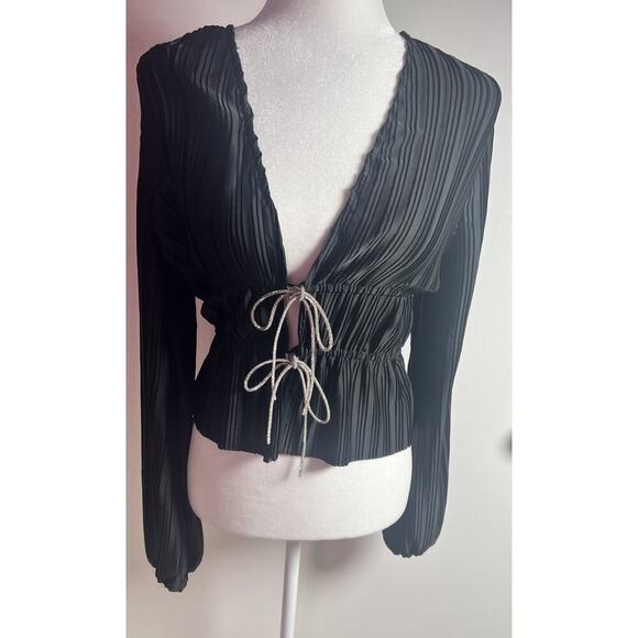 WAYF Payton Tie Front Long Sleeve Blouse Women's Cardigan Rhinestone Black Sz 8 - Picture 4 of 14